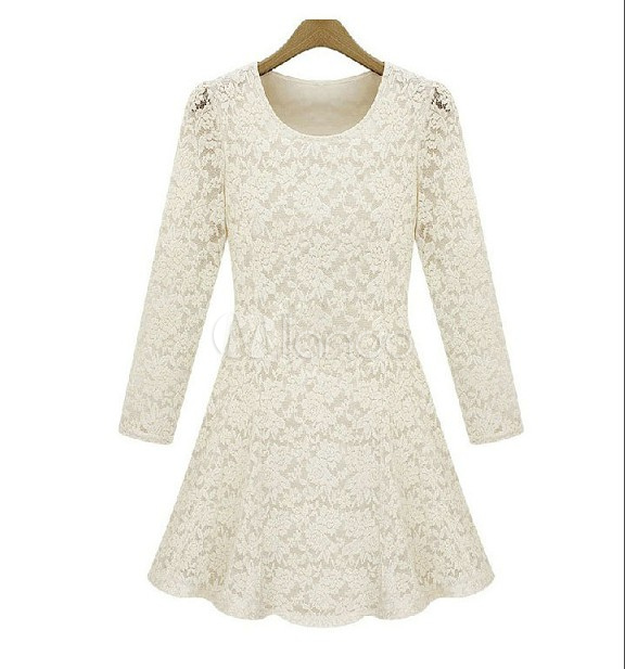 Ivory Long Sleeves Lace Polyester Woman's Dress - Milanoo.com