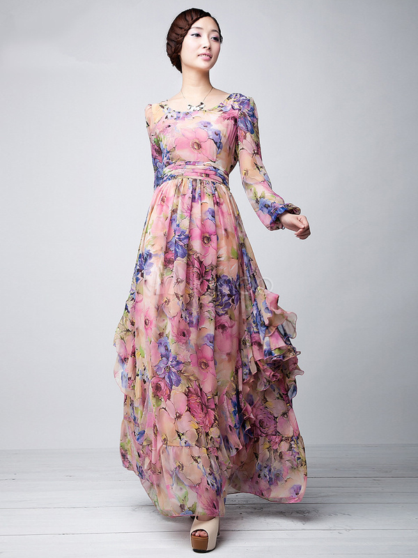 Pink Floral Printed Chiffon Maxi Dress - Milanoo.com