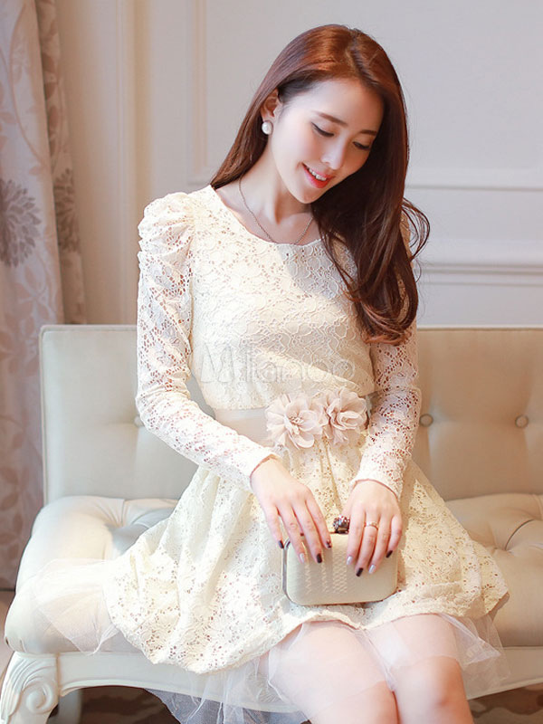 Apricot Long Sleeves Lace Attractive Woman's Skater Dress - Milanoo.com