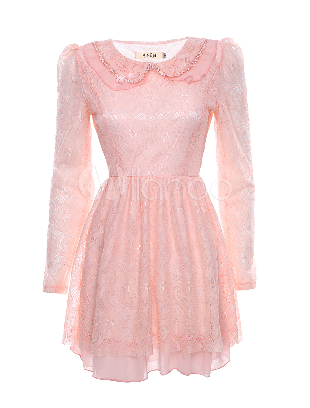 Sweet Pink Lace Peter Pan Collar Long Sleeves Women's Skater Dress ...