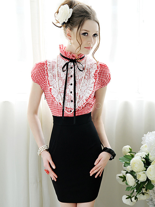 Sweet Red Stand Collar Lace Two-Tone Fashion Shirt Dress - Milanoo.com