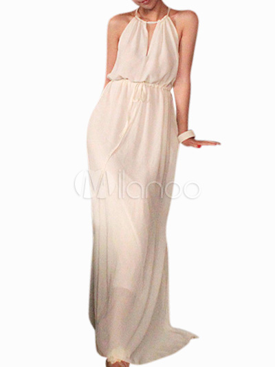 Vestito lungo avorio scollato sulla schiena di bohemian in chiffon -  Milanoo.com