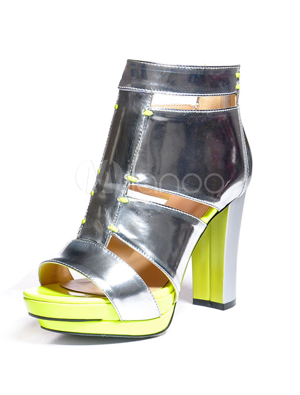 Silver Peep Toe Cowhide Closed-Back Zipper Womens Platform Sandals ...