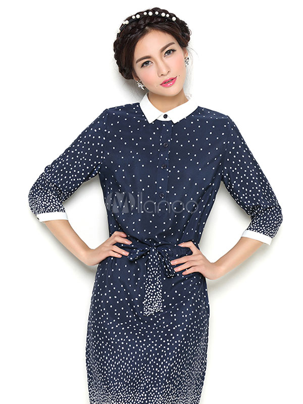 Blue Button Down Neck Sash Half Sleeves Chiffon Polka Dot Shirt Dress