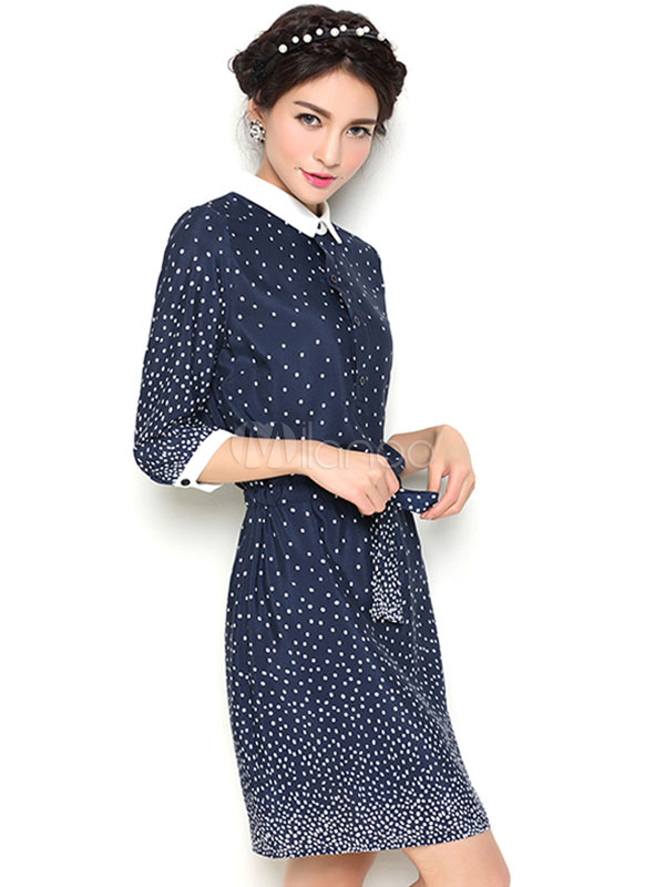 Blue Button Down Neck Sash Half Sleeves Chiffon Polka Dot Shirt Dress