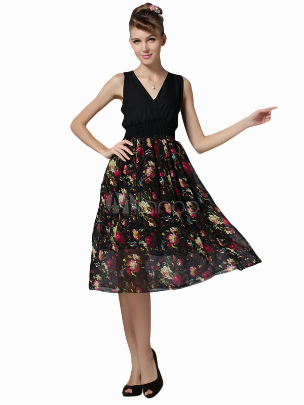 Slim V-Neck People Chiffon Vintage Dress for Women - Milanoo.com