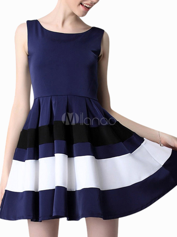 Sweet Blue Scoop Neck Polyester Skater Dress for Woman - Milanoo.com
