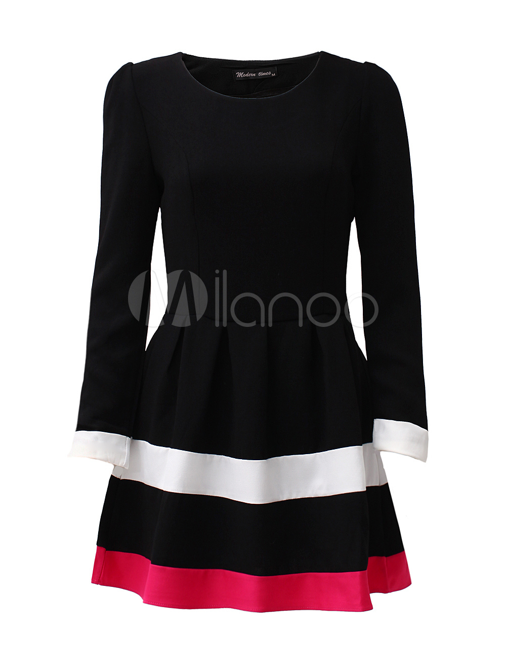 Long Sleeves Color Block Synthetic Woman's Skater Dress - Milanoo.com