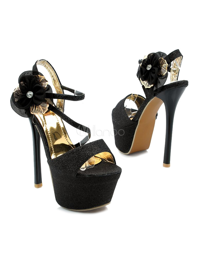 Big Flower Gold PU Leather High Heel Dress Sandals