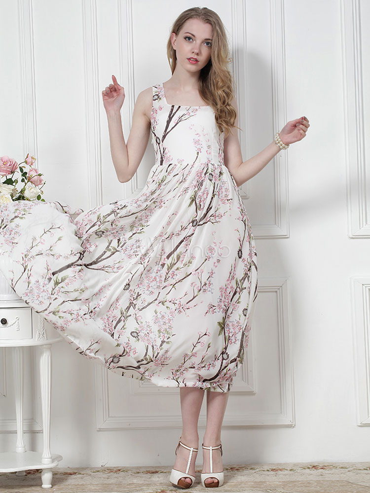 Fashion Crewneck Floral Print Chiffon Womens Maxi Dress 