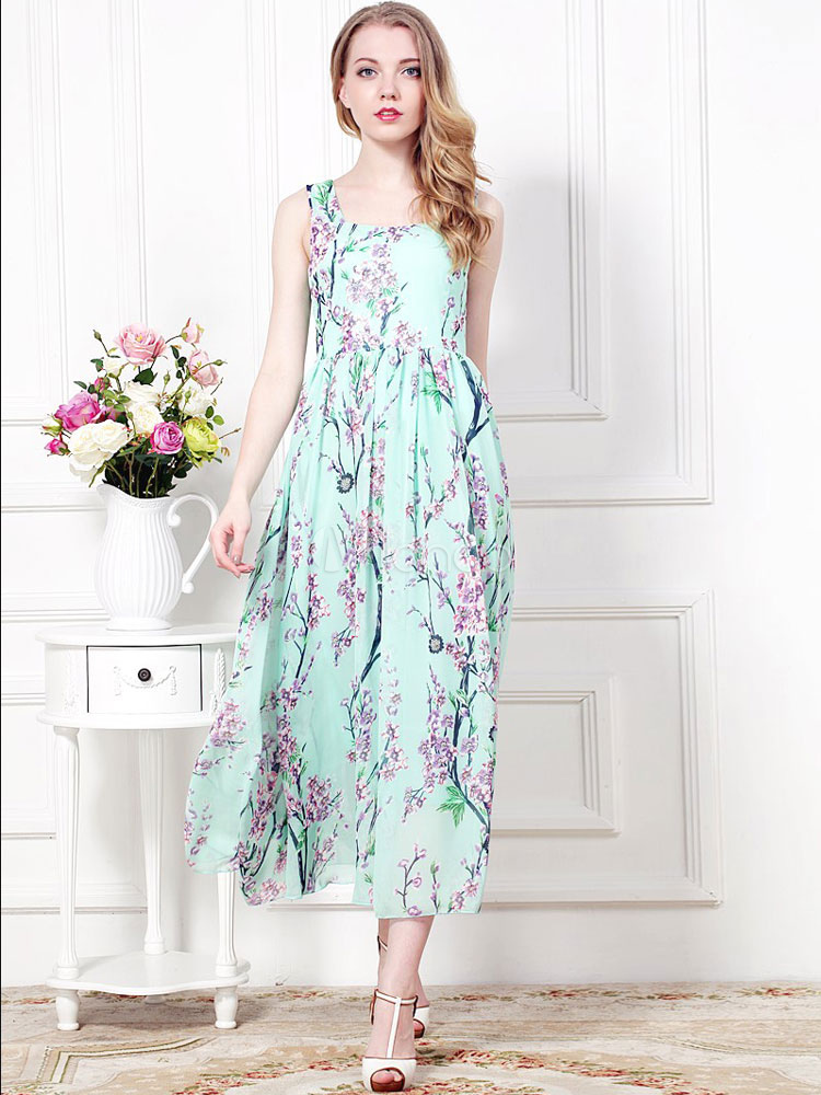 Fashion Crewneck Floral Print Chiffon Womens Maxi Dress - Milanoo.com