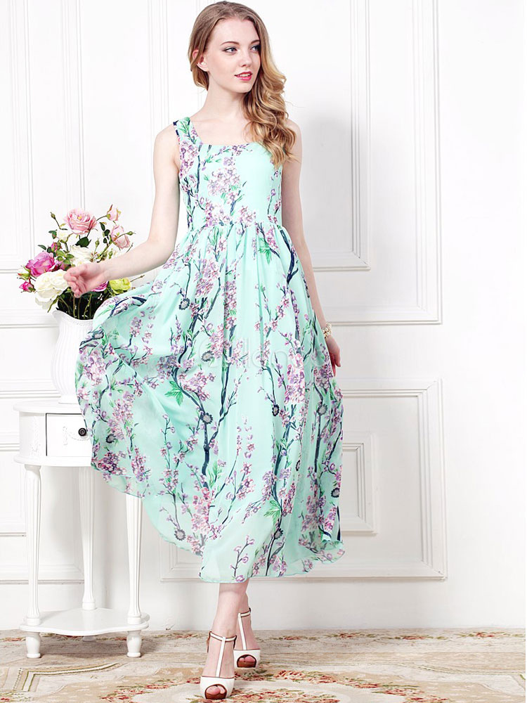 Fashion Crewneck Floral Print Chiffon Womens Maxi Dress ...