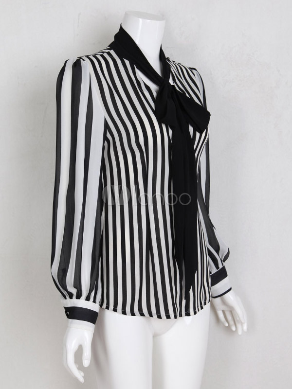 Black & White Stripe Body Shaping Chiffon Blouse For Women - Milanoo.com
