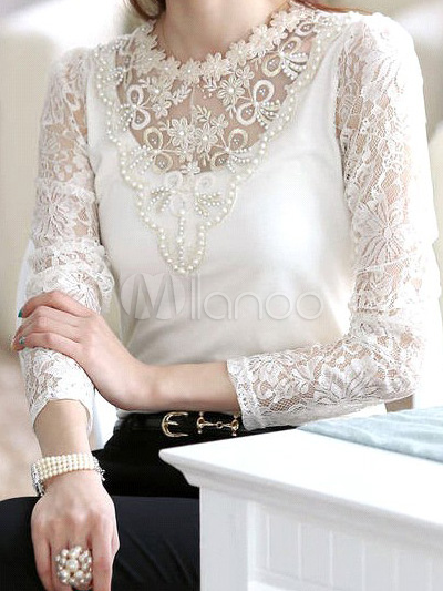 White High Collar Lace Blouse - Milanoo.com