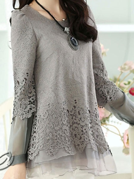 Lace Layered Long Sleeves Crewneck Fashion Tee Shirt For Women