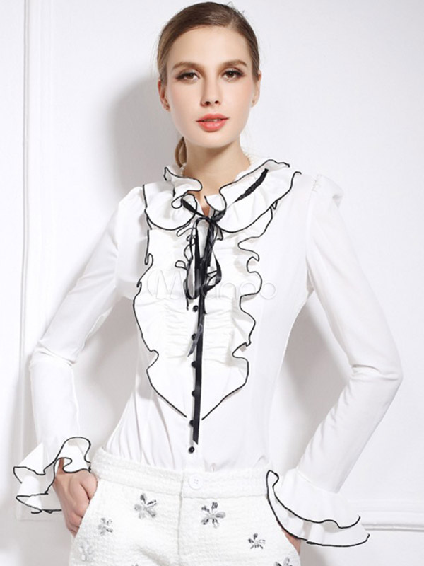 Damen Stehkragen Bluse Vintage - Viktorianische Rüschenbluse | Lolita Style Langarm Shirt