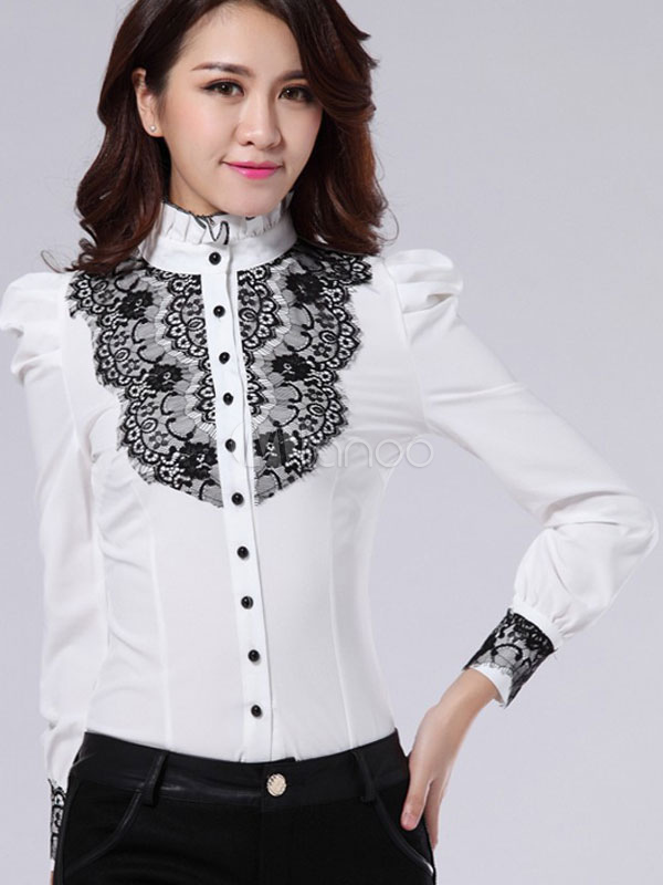 White High Collar Lace Spandex Blouse For Ladies - Milanoo.com