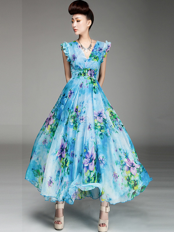 Blue Printed Shaping Chiffon V-Neck Maxi Dress - Milanoo.com