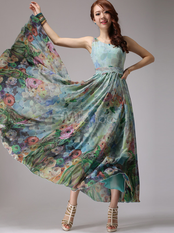 Floral Print Chiffon Maxi Dress - Milanoo.com