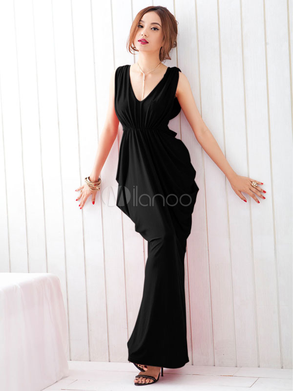 Fashion VNeck Solid Color Polyester Woman's Maxi Dress