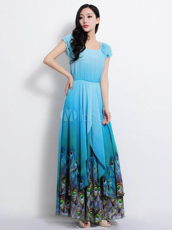 Marinero Azul Corta Gasa Vestido Estilo No Maxi Con Escote Manga De q0BtyOxT