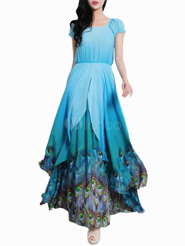 Blue Peacock Feather Print Chiffon Maxi Dress 9184