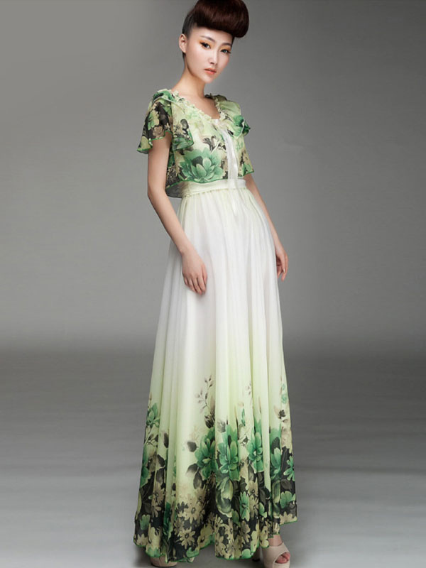Stylish Green Peter Pan Collar Floral Oversized Chiffon Maxi Dress ...
