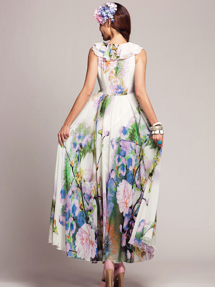 v neck colouring floral printed maxi dress