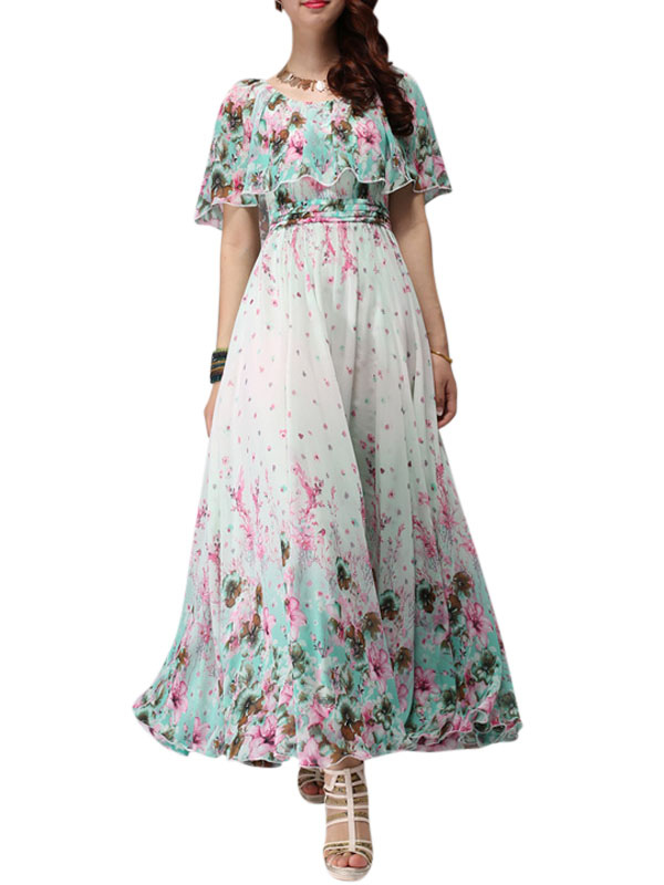 Floral Print Chiffon Scoop Neck Maxi Dress - Milanoo.com