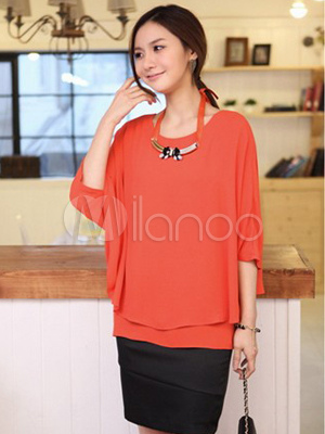 Watermelon Red Chiffon Batwing Sleeve Women's Blouse With Necklace ...