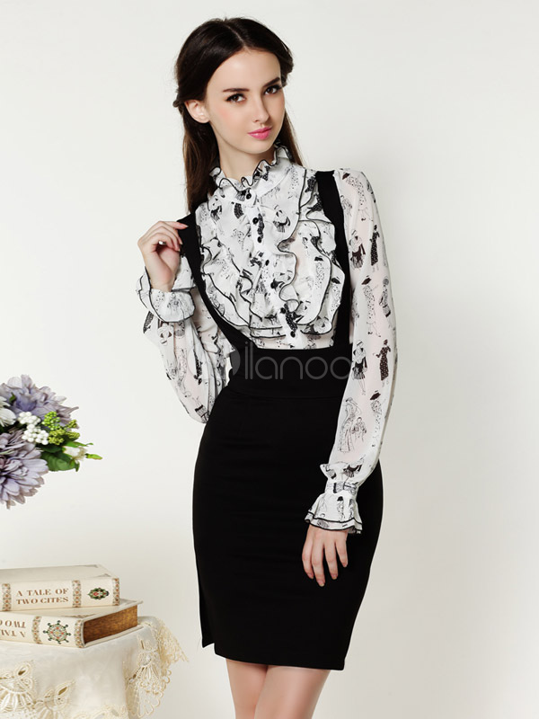 White Long Sleeves Print Chiffon Beautiful Womens Blouse - Milanoo.com