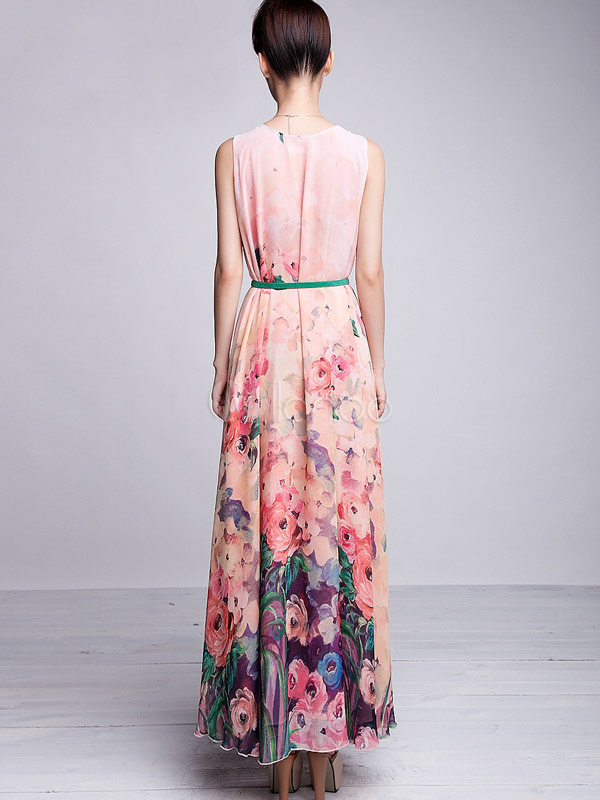 Beautiful Pink Floral Print Sash Chiffon Maxi Dress - Milanoo.com