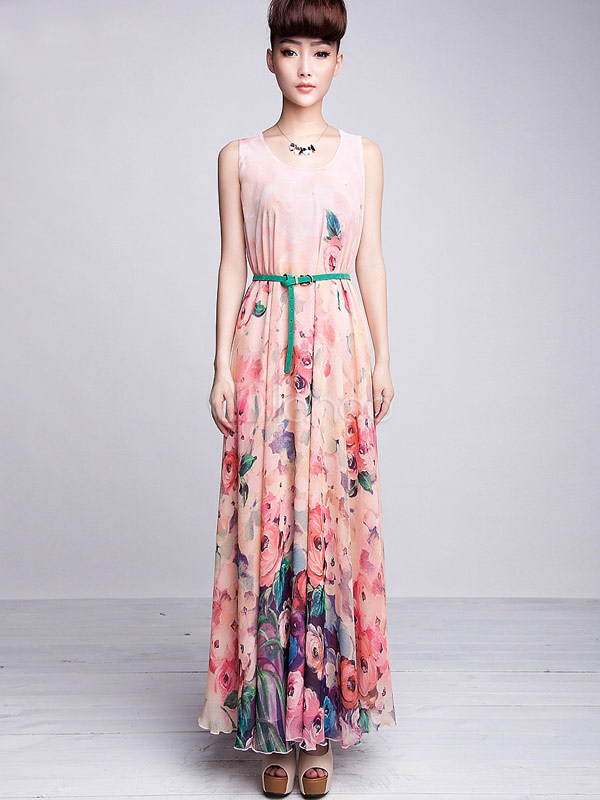 Beautiful Pink Floral Print Sash Chiffon Maxi Dress - Milanoo.com