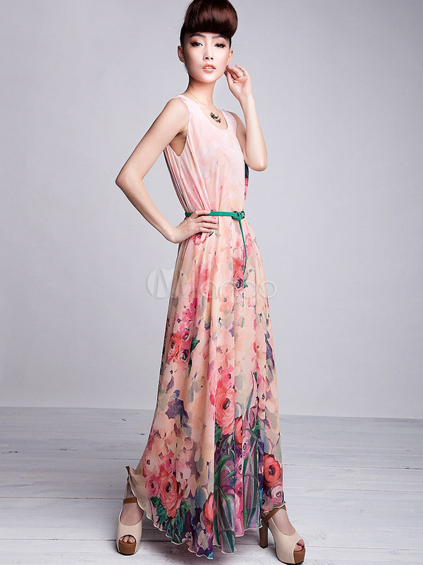 Beautiful Pink Floral Print Sash Chiffon Maxi Dress - Milanoo.com