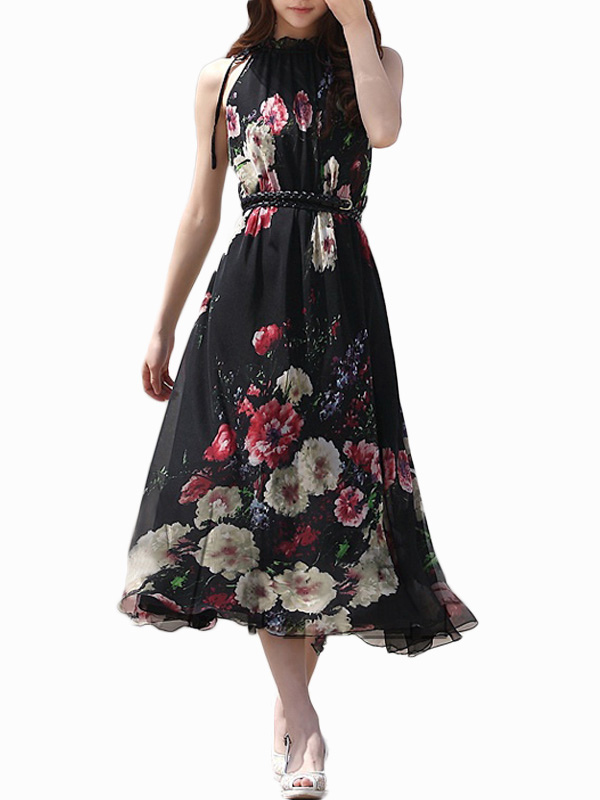 Black Floral Sleeveless Belted Chiffon Womens Party Dress - Milanoo.com