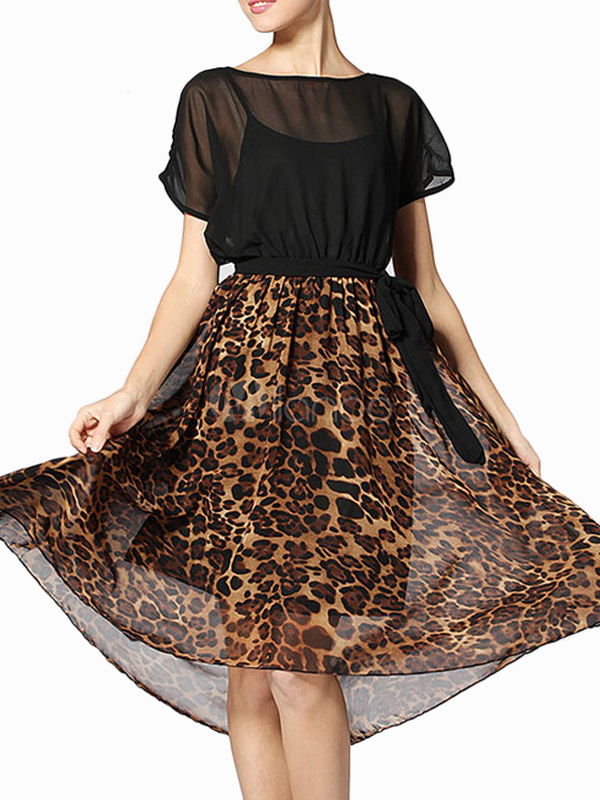 Black Short Sleeves Leopard Print Chiffon Womens Shift Dress