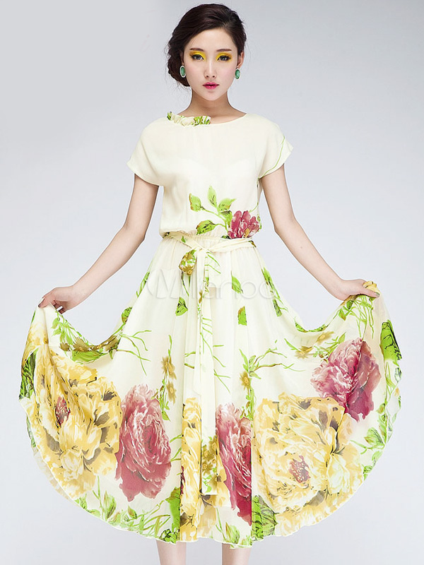 Bohemian Beige Floral Print Chiffon Maxi Dress - Milanoo.com