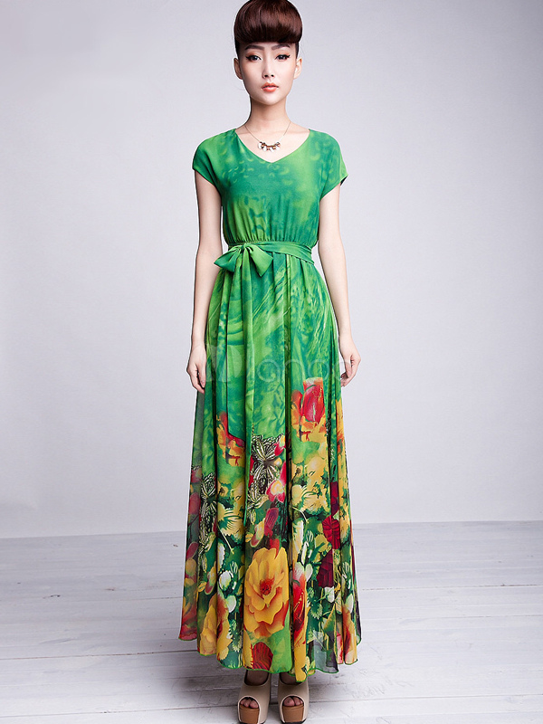 Green Printed Shaping Chiffon Maxi Dress - Milanoo.com