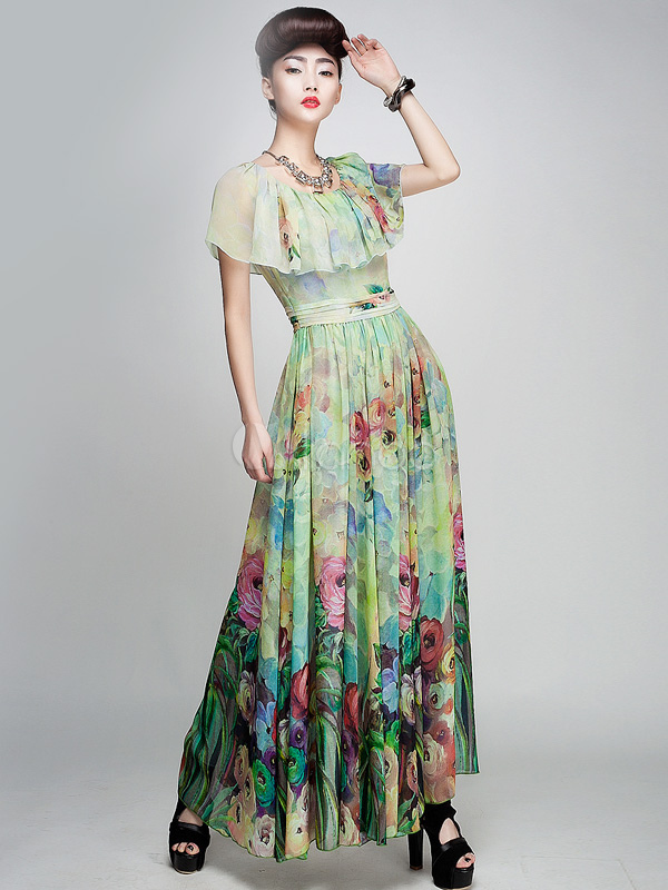 Green Floral Print Chiffon Maxi Dress - Milanoo.com