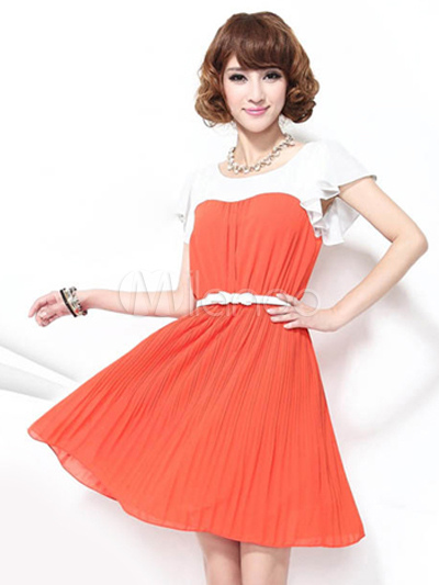 Sweet Orange Color Block Chiffon Woman's Summer Dress - Milanoo.com