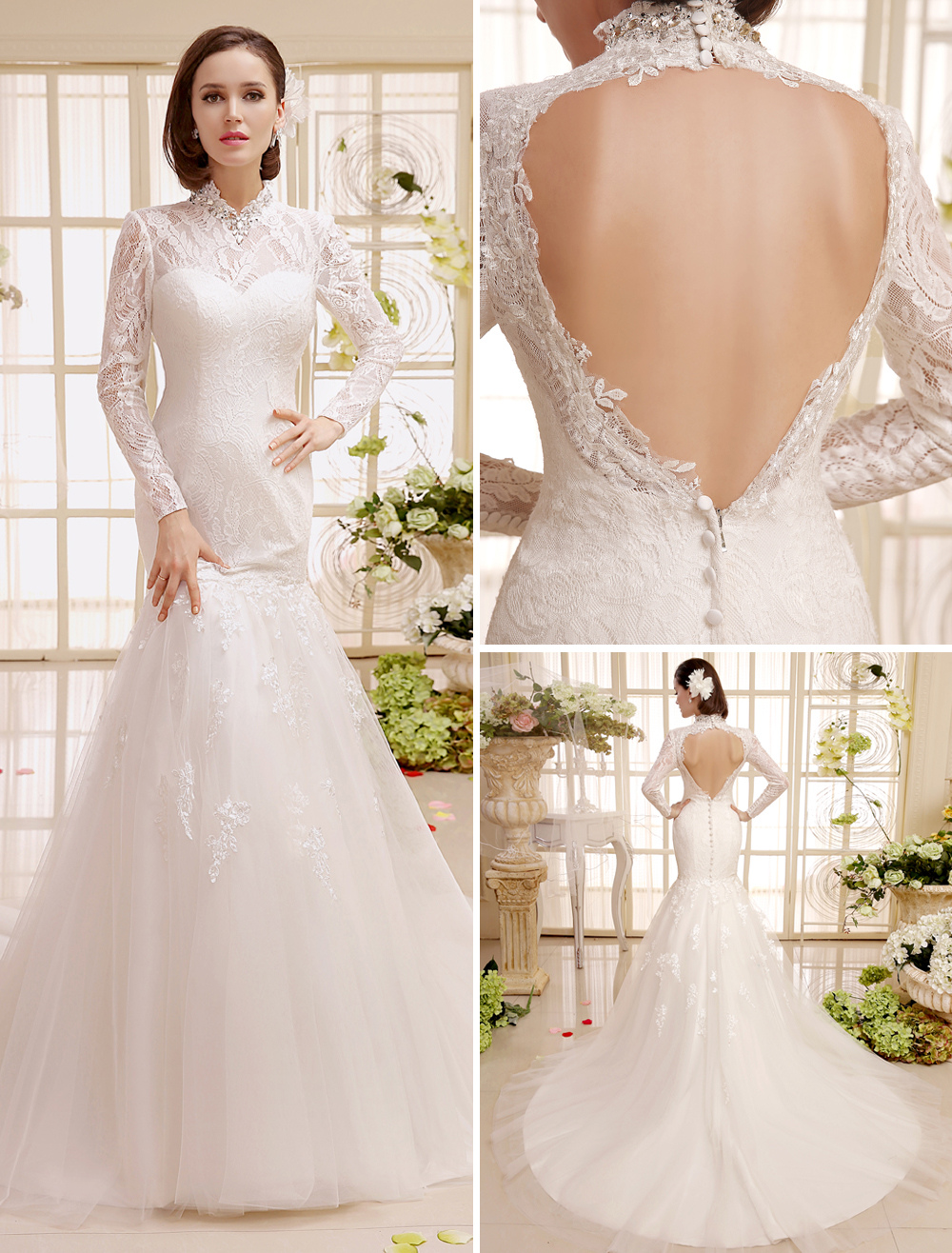 Chapel Train Ivory Lace Backless Rhinestone Bridal Wedding Dress