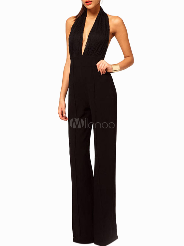 black deep v neck halter jumpsuit