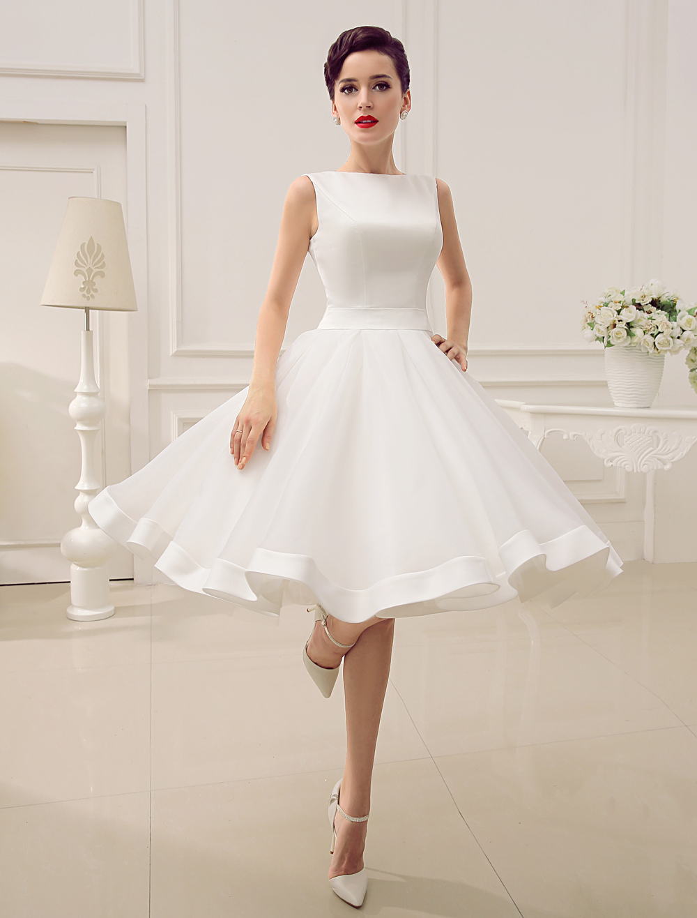 Abito Da Sposa 2021 Corto Abito Da Sposa Vintage Anni 50 Abito Da Sposa Senza Maniche Con Chiusura Bateau Milanoo Milanoo Com