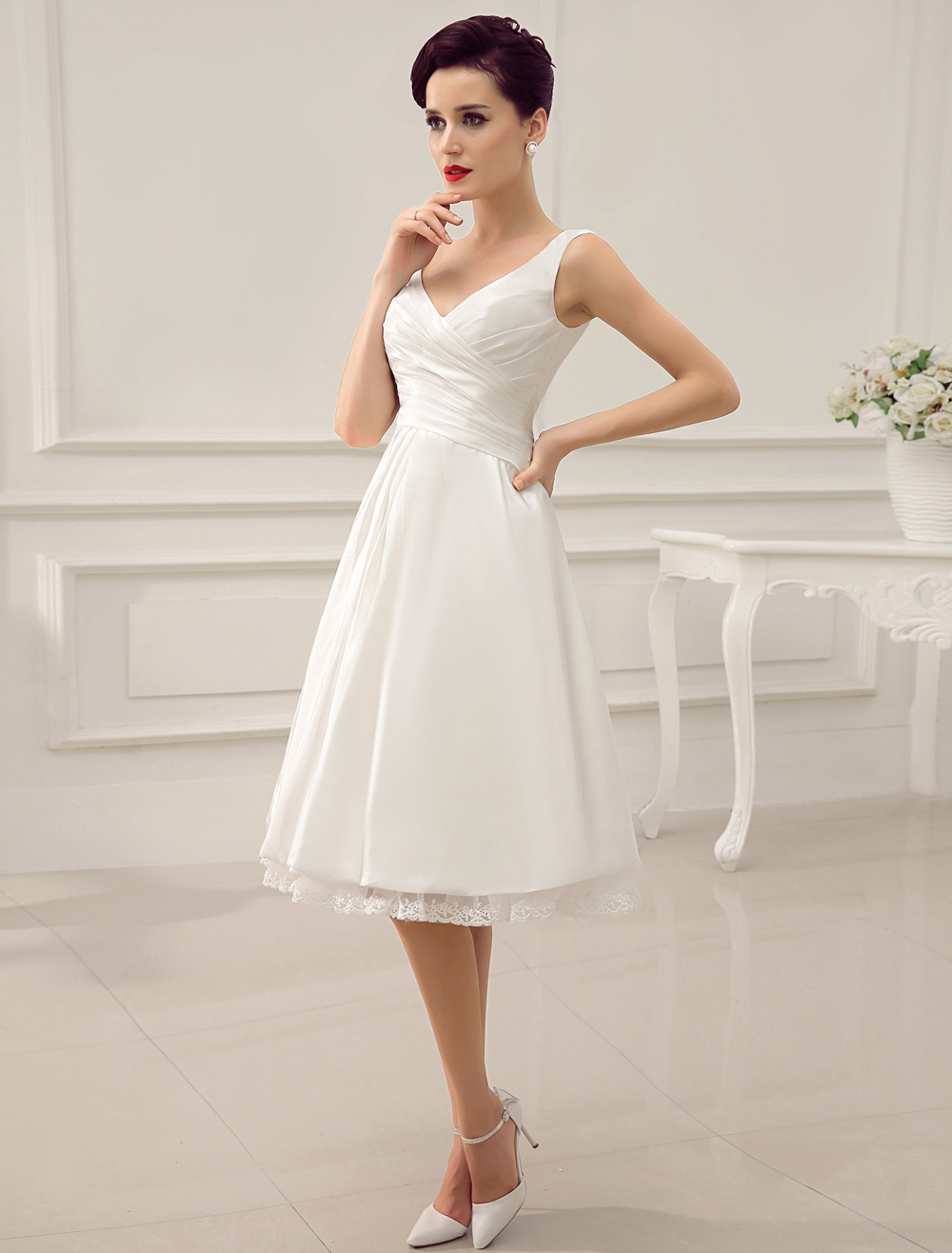 Simple Wedding Dress Ivory Tea Length Backless Pleated Satin Lace Up ...