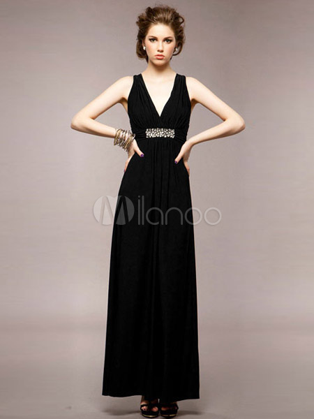 Vestito lungo nero elegante monocolore con scollo a V smanicato per le  feste - Milanoo.com