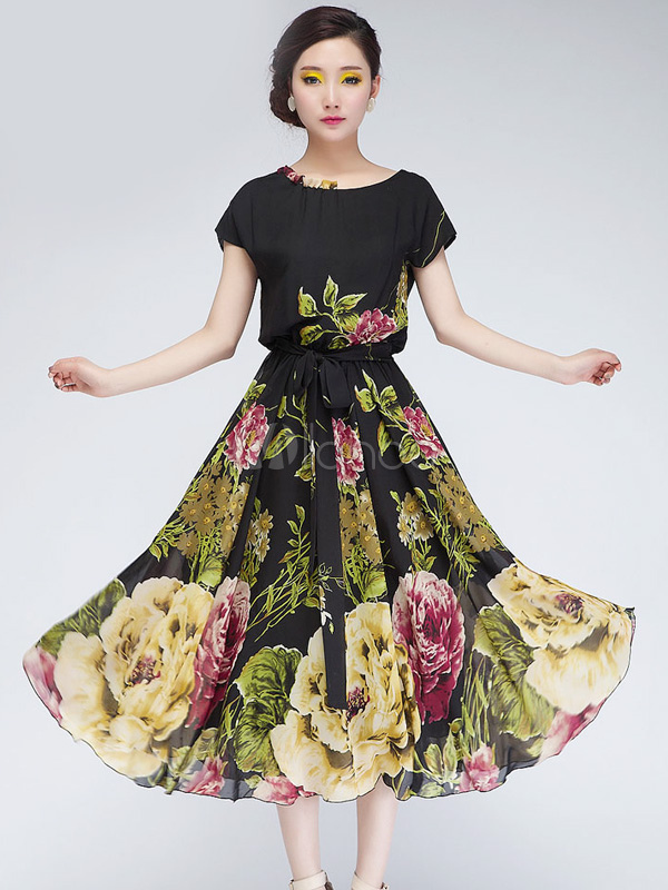 Black Floral Print Chiffon Maxi Dress - Milanoo.com