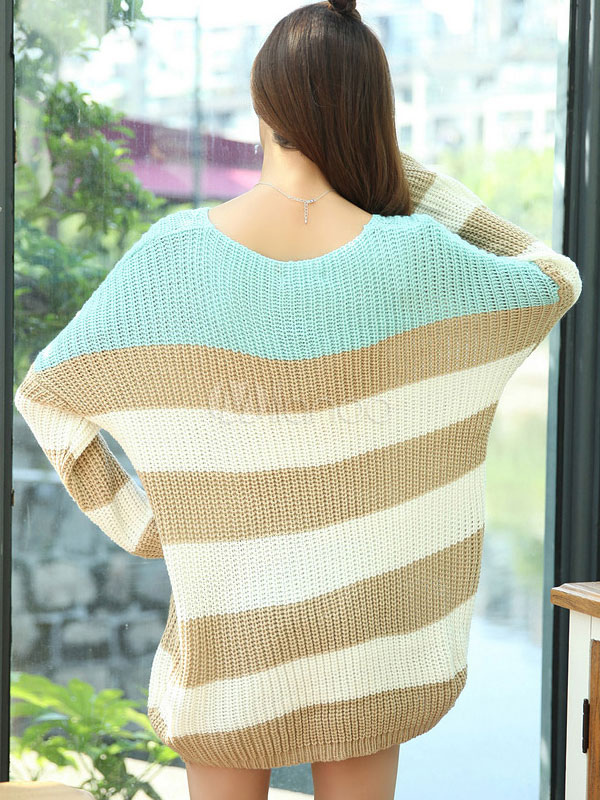 Casual V-Neck Long Sleeves Stripe Oversized Pullovers For Women