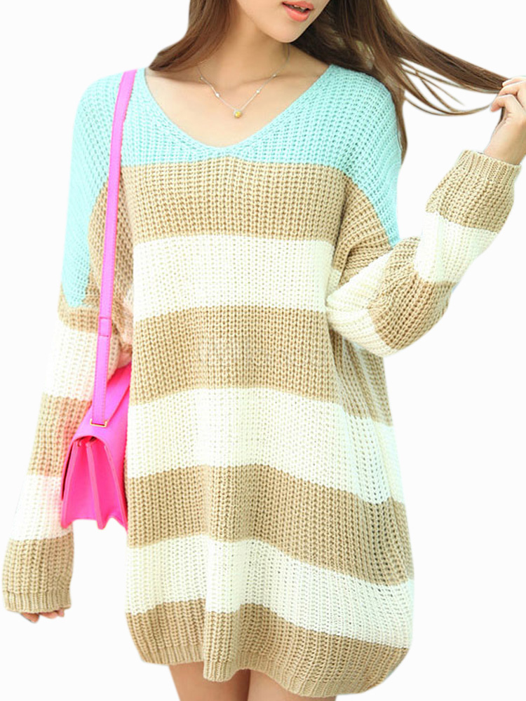 Casual V-Neck Long Sleeves Stripe Oversized Pullovers For Women