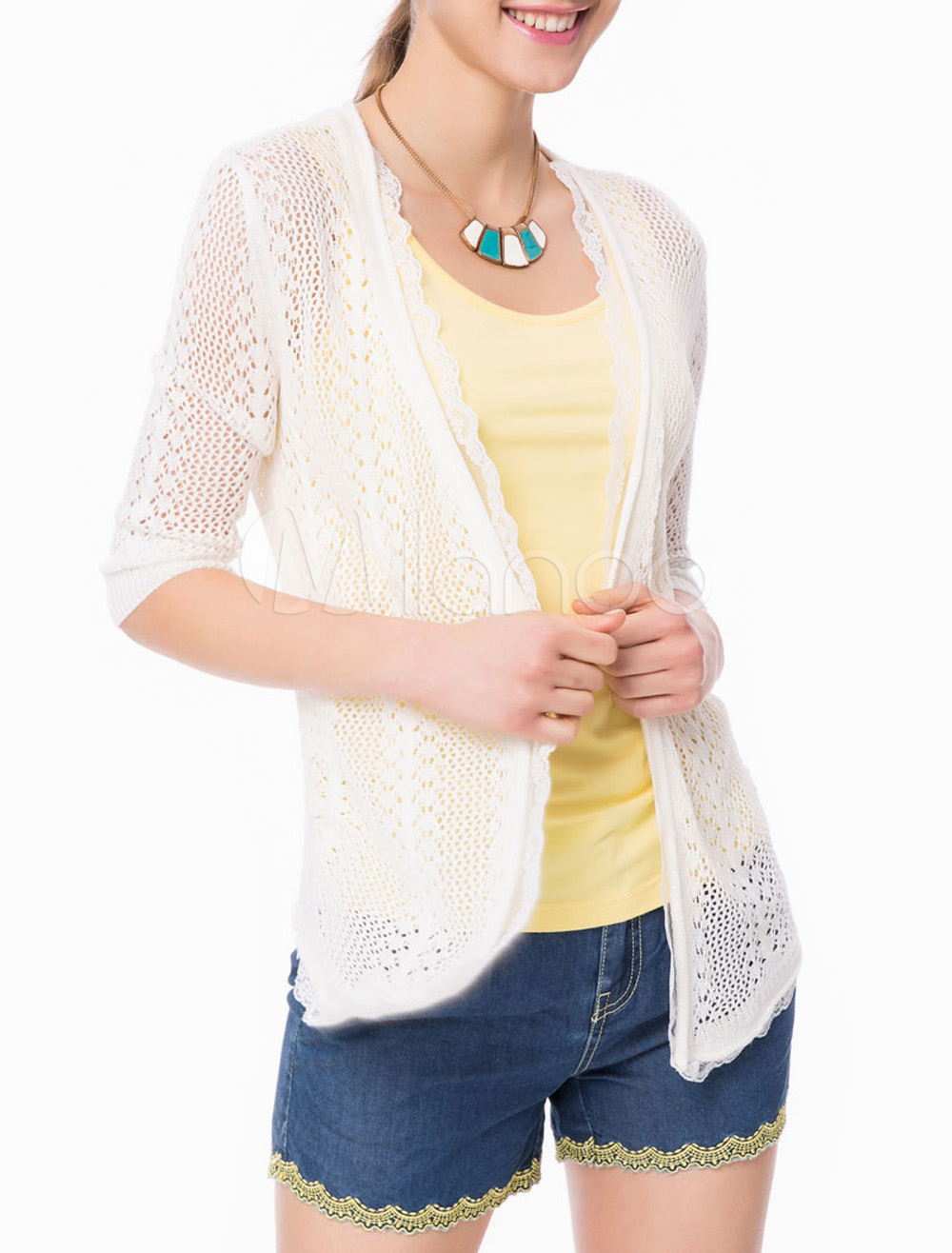 White Cotton Blend Knit Half Sleeves Daily Casual Womens Cardigans