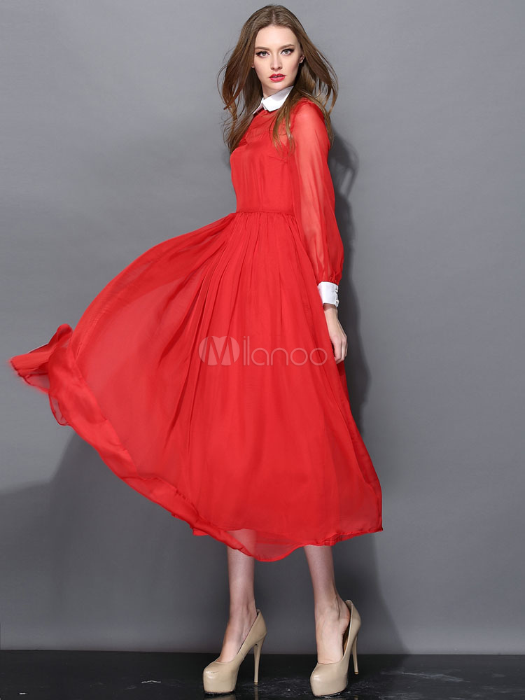Vestito lungo rosso chic moderno monocolore con collo rovesciato e maniche  lunghe con cintura in seta per le feste - Milanoo.com